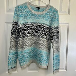 Talbots Fair Isle Lambswool Blend Crew Neck Blue & Grey Sweater Size Medium